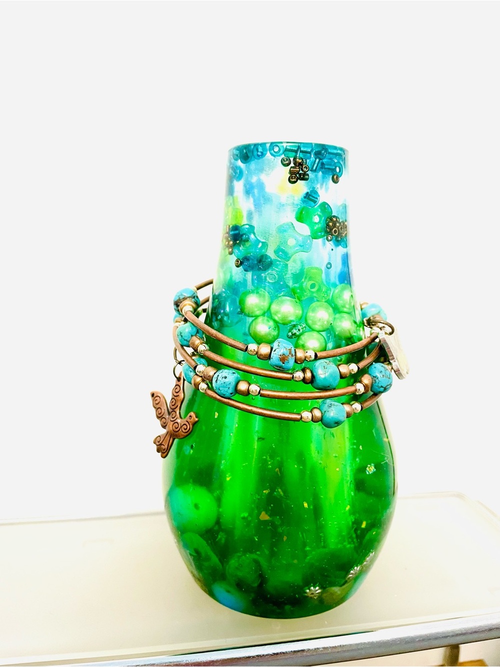 Turquoise & Brass Beaded Wire Wrap Bracelet Stack